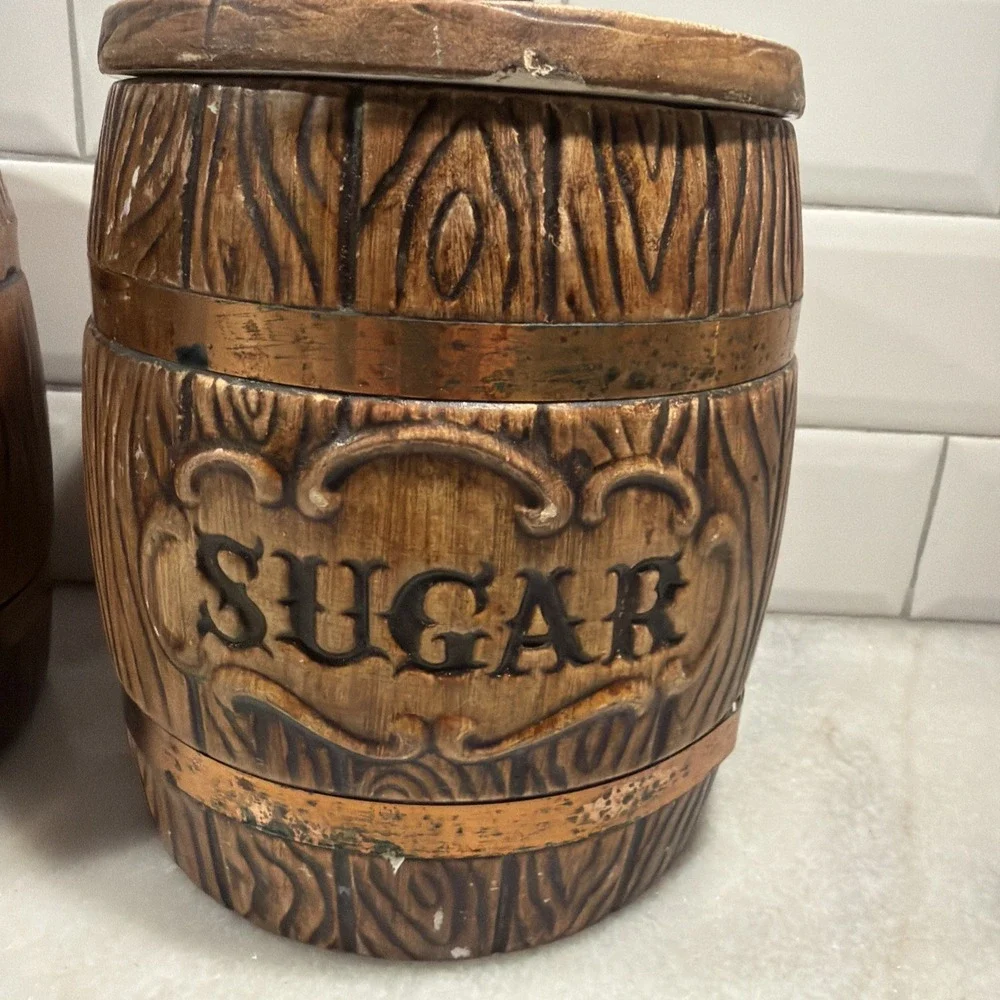 Set of 3 Vtg MCM Treasure Craft Ceramic Canister Barrel Flour Sugar Tea Coffee 9